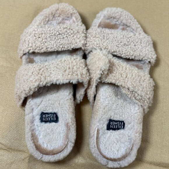 Eileen Fisher Womens Shearling Slip-On Sandals 7.5 Beige Strappy Fuzzy Soft - Picture 2 of 8